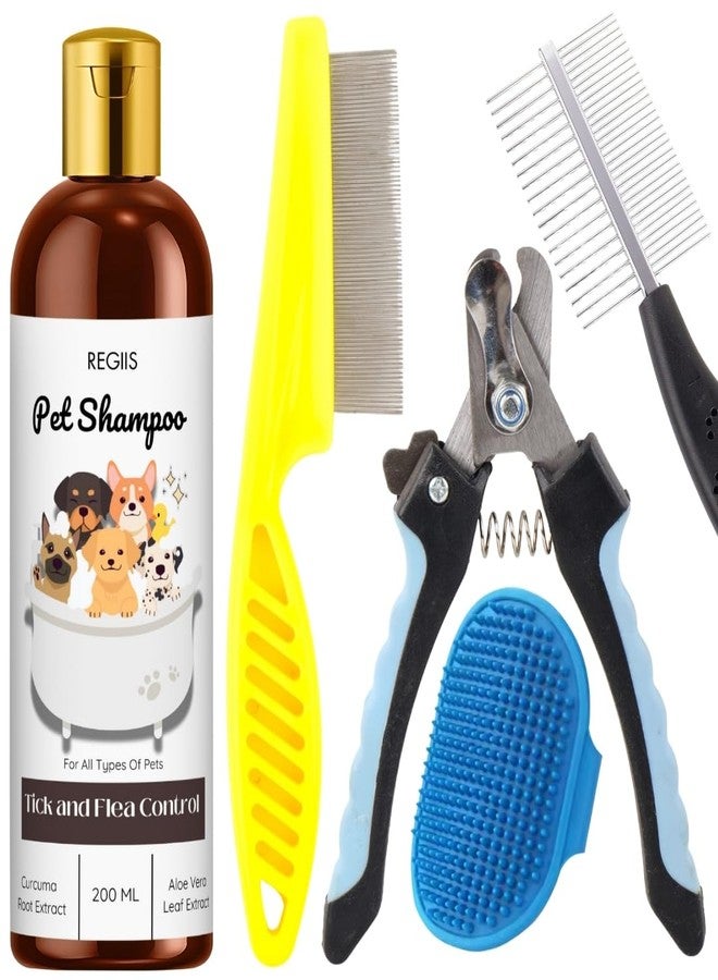 REGIIS Regis Pet Grooming Kit with Tick and Flea Control Shampoo, Professional Nail Clipper, Metal Comb, Brush for Dogs, 200ml(PACK OF 5) - Image 1